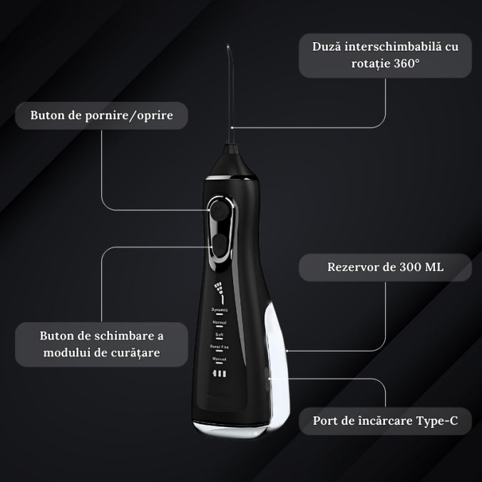 Irigator Bucal Portabil 5 Programe, 300 ml Rezervor, 4 Duze