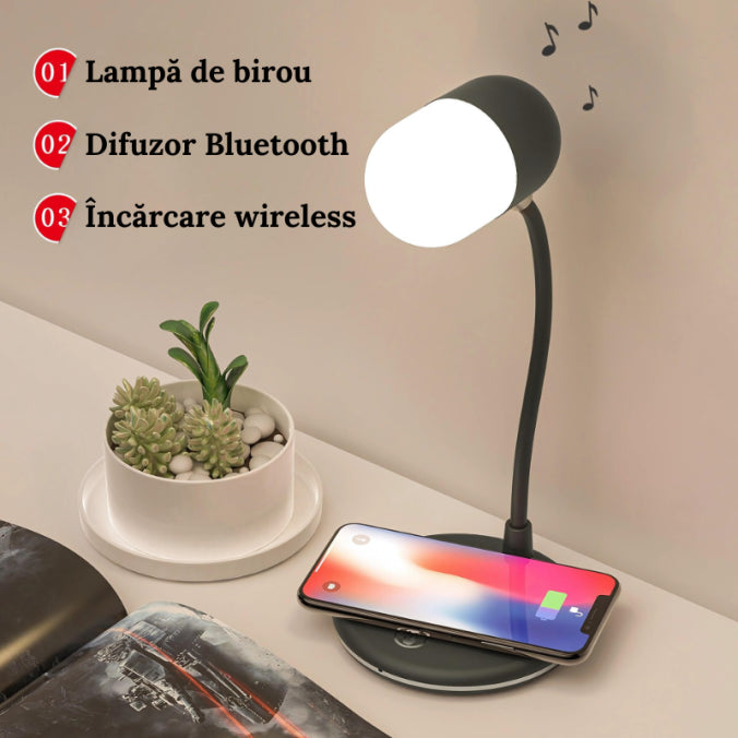 Lampă 3 în 1 pentru Birou Wireless, Difuzor & Flexibilitate 360°