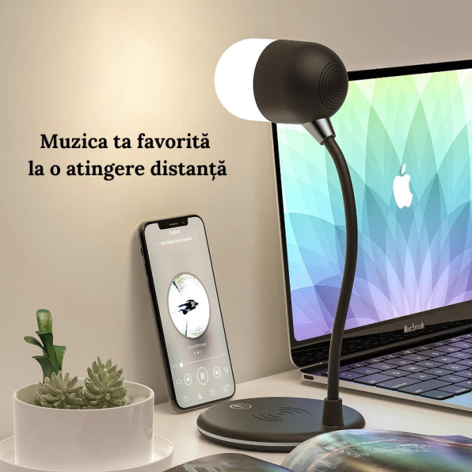 Lampă 3 în 1 pentru Birou Wireless, Difuzor & Flexibilitate 360°