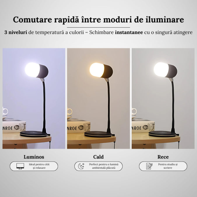Lampă 3 în 1 pentru Birou Wireless, Difuzor & Flexibilitate 360°