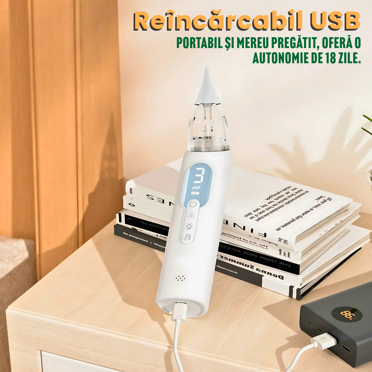 Aspirator Nazal Electric pentru Bebelusi, Incarcare USB, 3 Moduri de Aspirare, Muzica Relaxanta, Capete din Silicon de Inalta Calitate, Portabil si Silentios, Fara BPA, Alb