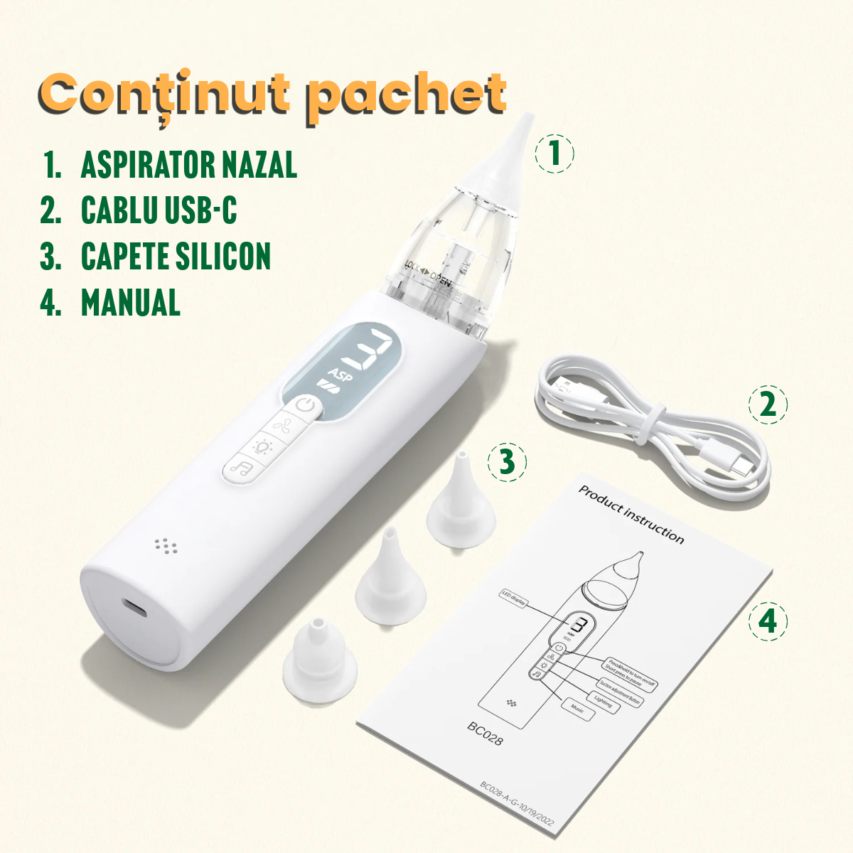 Aspirator Nazal Electric pentru Bebelusi, Incarcare USB, 3 Moduri de Aspirare, Muzica Relaxanta, Capete din Silicon de Inalta Calitate, Portabil si Silentios, Fara BPA, Alb
