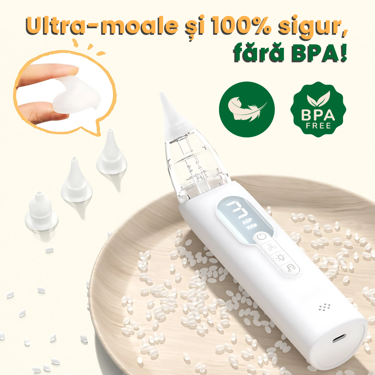 Aspirator Nazal Electric pentru Bebelusi, Incarcare USB, 3 Moduri de Aspirare, Muzica Relaxanta, Capete din Silicon de Inalta Calitate, Portabil si Silentios, Fara BPA, Alb