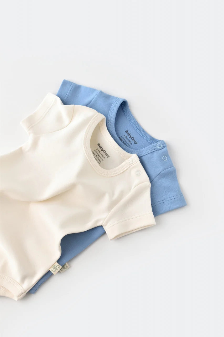 Set 2 body-uri bebe unisex -100% bumbac organic - Ecru/Bleu, BabyCosy