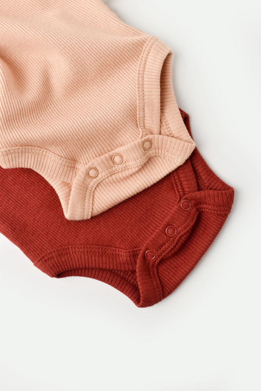 Set 2 body-uri bebe unisex din bumbac organic si modal - Caramiziu/Somon, BabyCosy