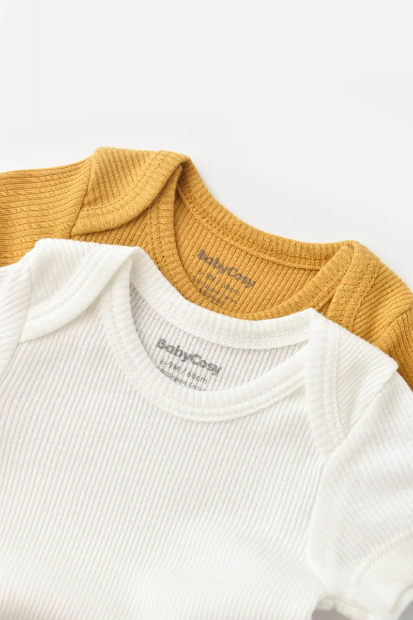 Set 2 body-uri bebe unisex din bumbac organic si modal - Mustar/Ecru, BabyCosy