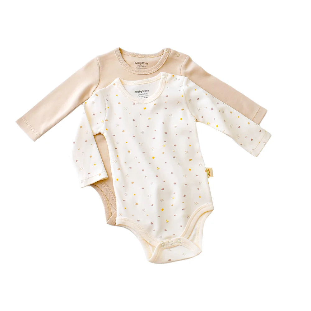Set 2 body-uri cu maneca lunga bebe unisex -100% bumbac organic - Ecru cu buline, BabyCosy