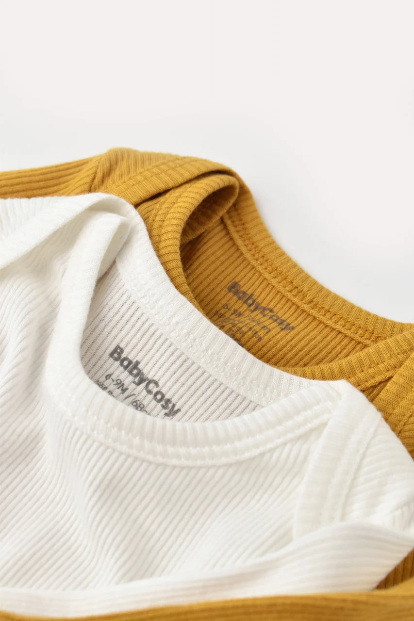 Set 2 body-uri cu maneca lunga bebe unisex din bumbac organic si modal - Mustar/Ecru, BabyCosy