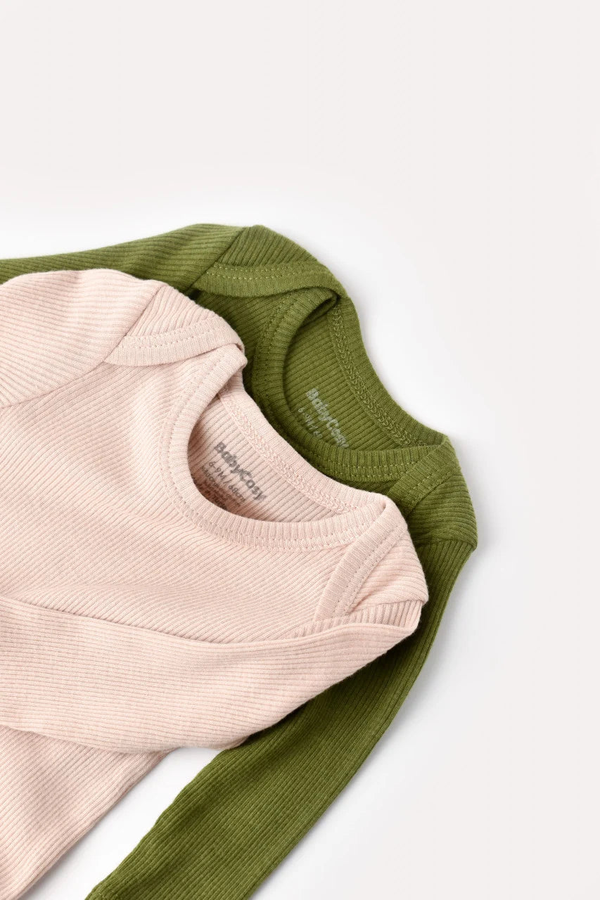Set 2 body-uri cu maneca lunga bebe unisex din bumbac organic si modal - Verde/Blush, BabyCosy