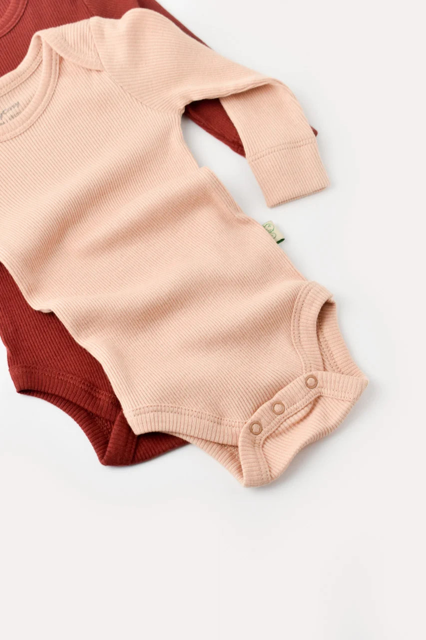 Set 2 body-uri cu maneca lunga bebe unisex din bumbac organic si modal - Caramiziu/Somon, BabyCosy