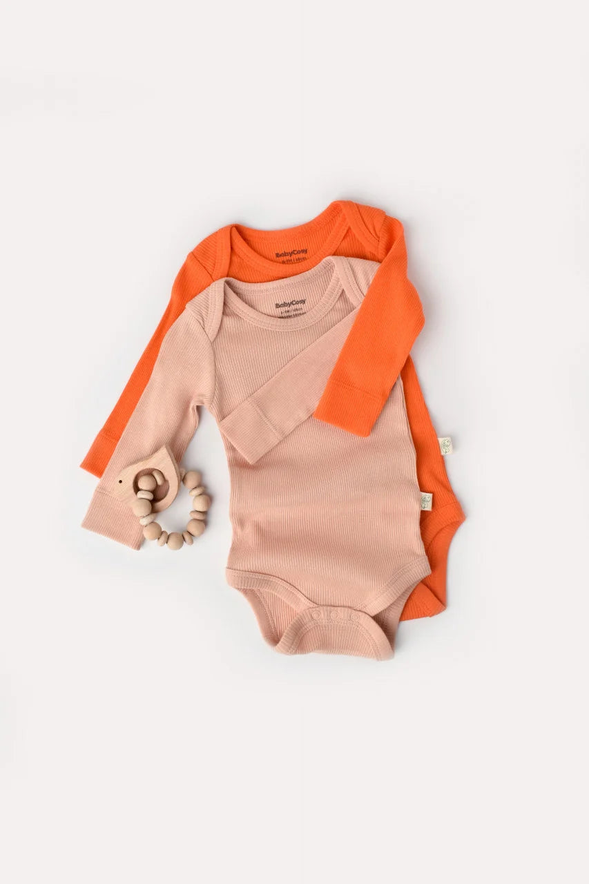 Set 2 body-uri cu maneca lunga bebe unisex din bumbac organic si modal - Rodie/Piersica, BabyCosy