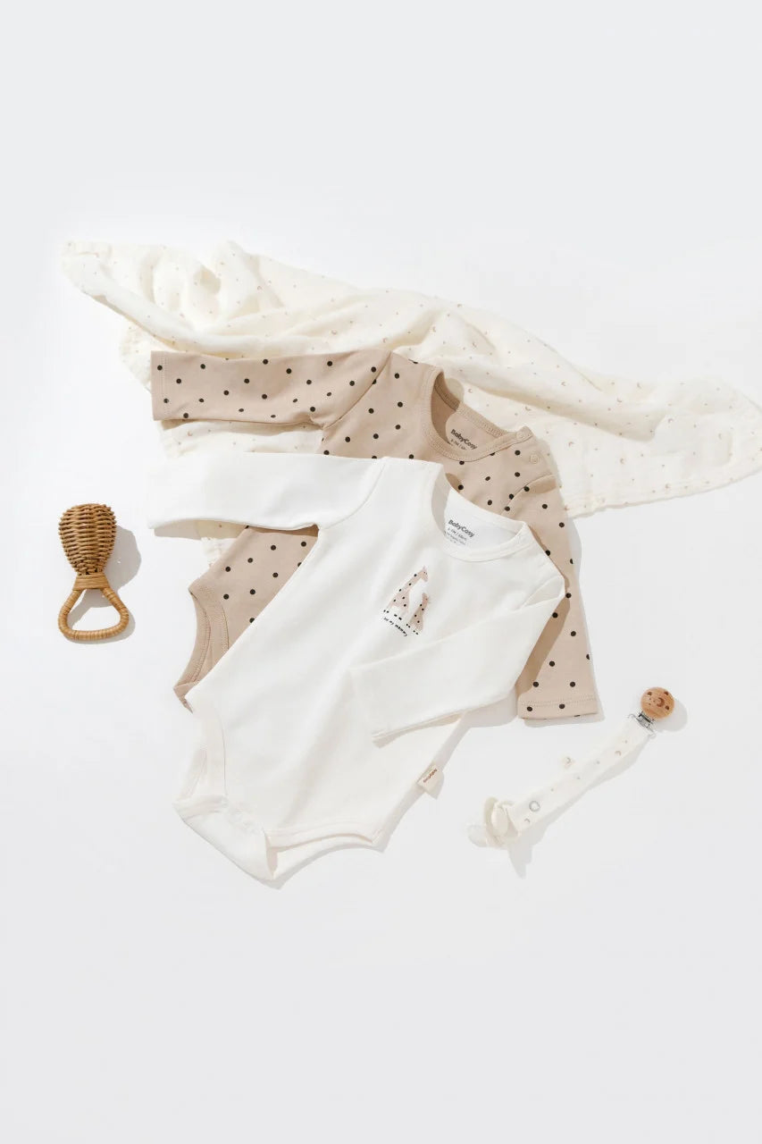 Set 2 body-uri cu maneca lunga bebe unisex Girafa, BabyCosy, 100% bumbac organic