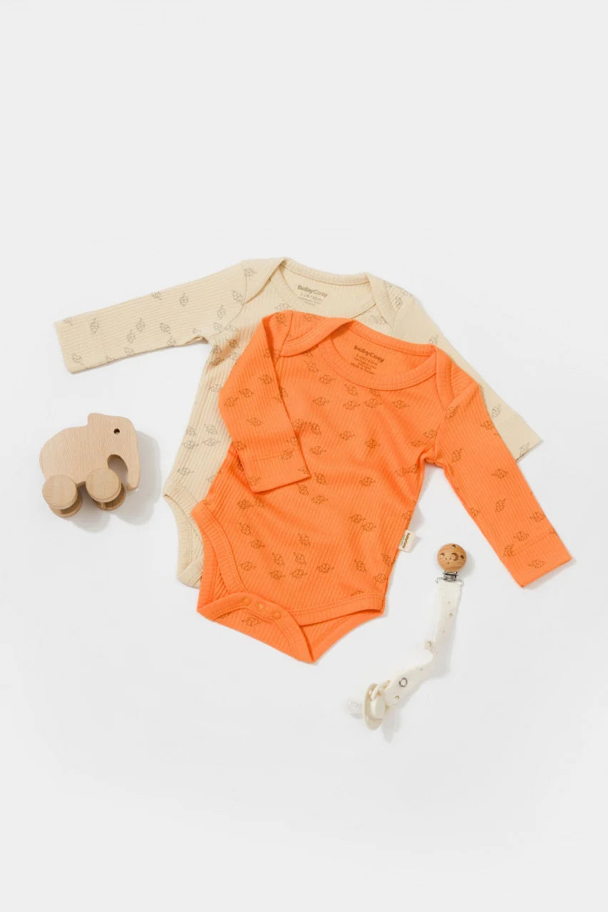 Set 2 body-uri cu maneca lunga Printed, BabyCosy, 50% modal+50% bumbac, Stone/Apricot