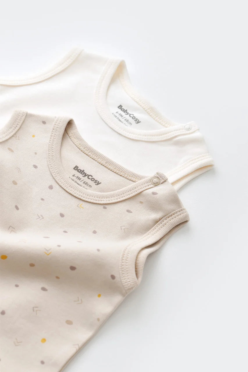 Set 2 body-uri fara maneci bebe unisex -100% bumbac organic - Crem cu buline, BabyCosy