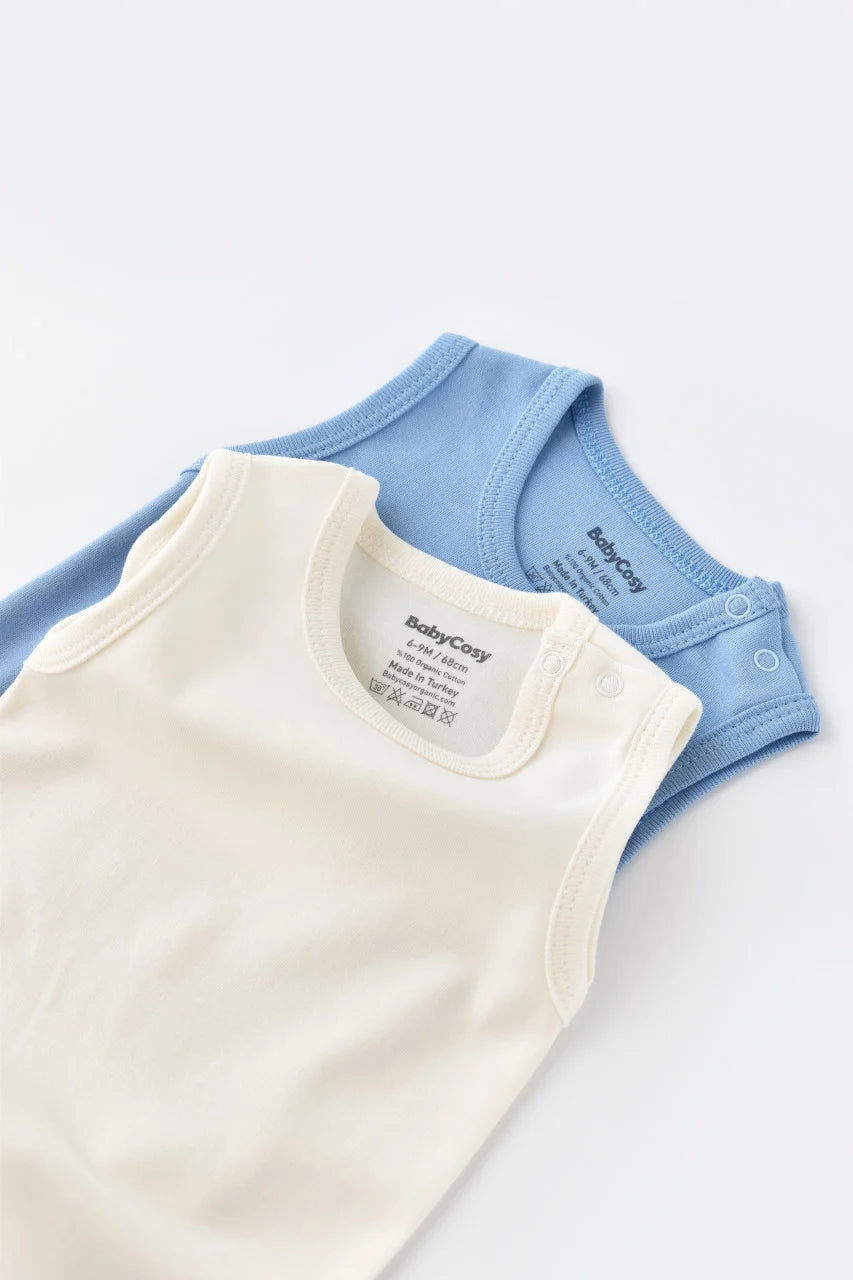 Set 2 body-uri fara maneci bebe unisex -100% bumbac organic - Ecru/Bleu, BabyCosy