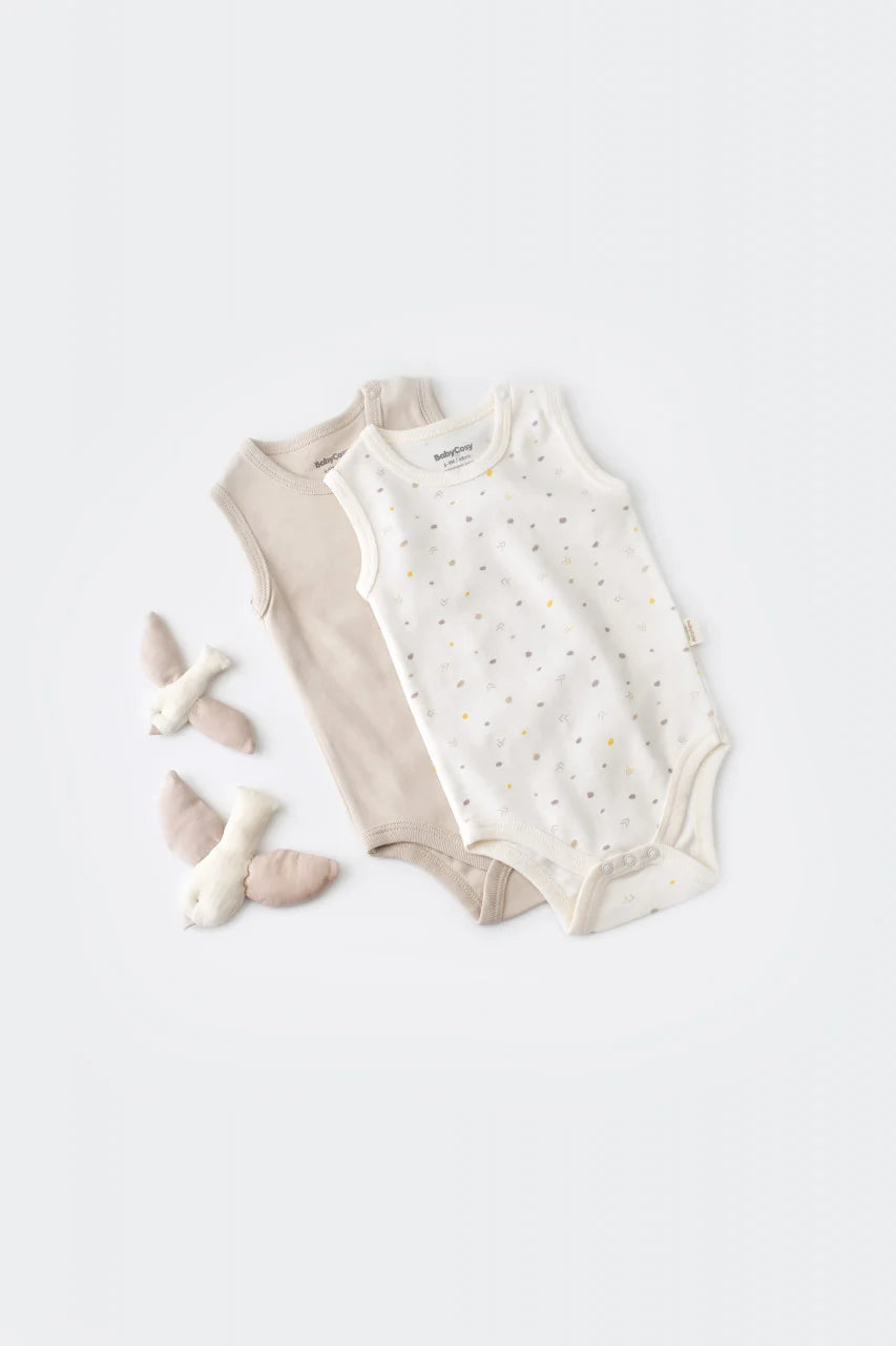 Set 2 body-uri fara maneci bebe unisex -100% bumbac organic - Ecru cu buline, BabyCosy