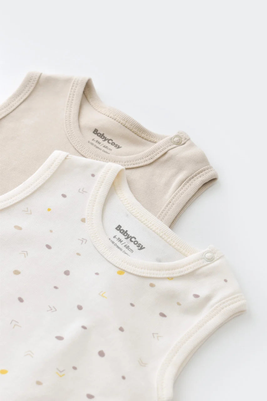 Set 2 body-uri fara maneci bebe unisex -100% bumbac organic - Ecru cu buline, BabyCosy