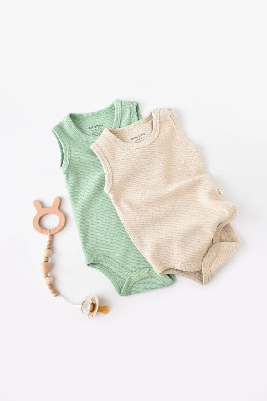 Set 2 body-uri fara maneci bebe unisex -100% bumbac organic - Mint/Stone, BabyCosy