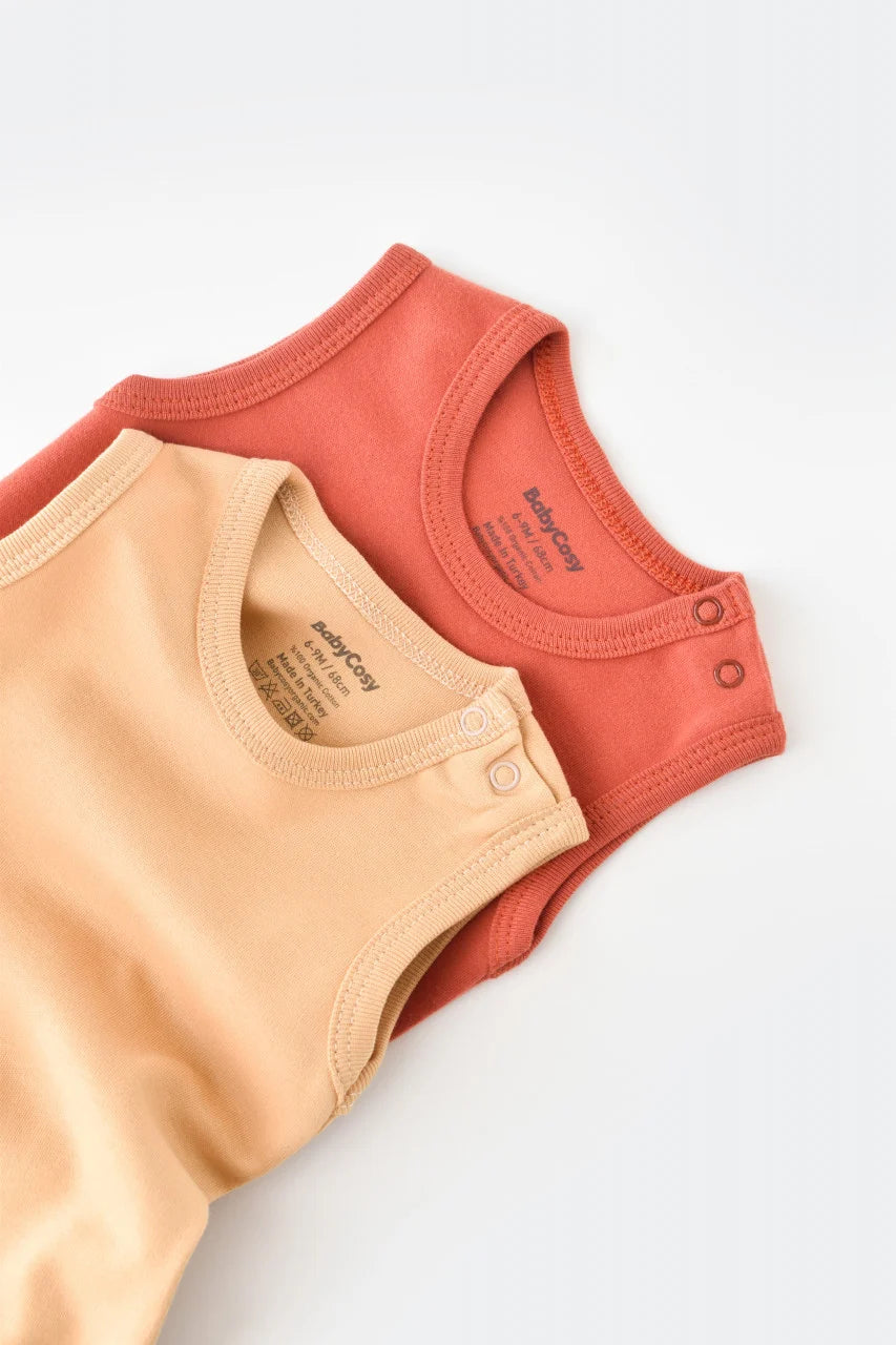 Set 2 body-uri fara maneci bebe unisex -100% bumbac organic - Mustar/ Scortisoara, BabyCosy
