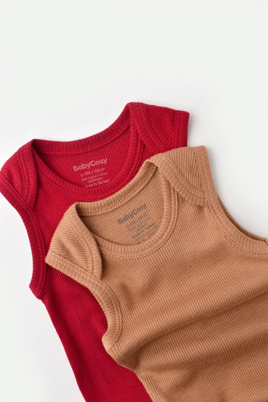 Set 2 body-uri fara maneci bebe unisex din bumbac organic si modal - Maro/Rosu, BabyCosy