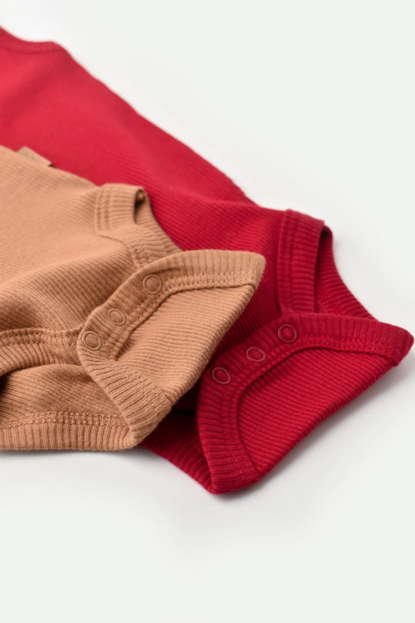 Set 2 body-uri fara maneci bebe unisex din bumbac organic si modal - Maro/Rosu, BabyCosy