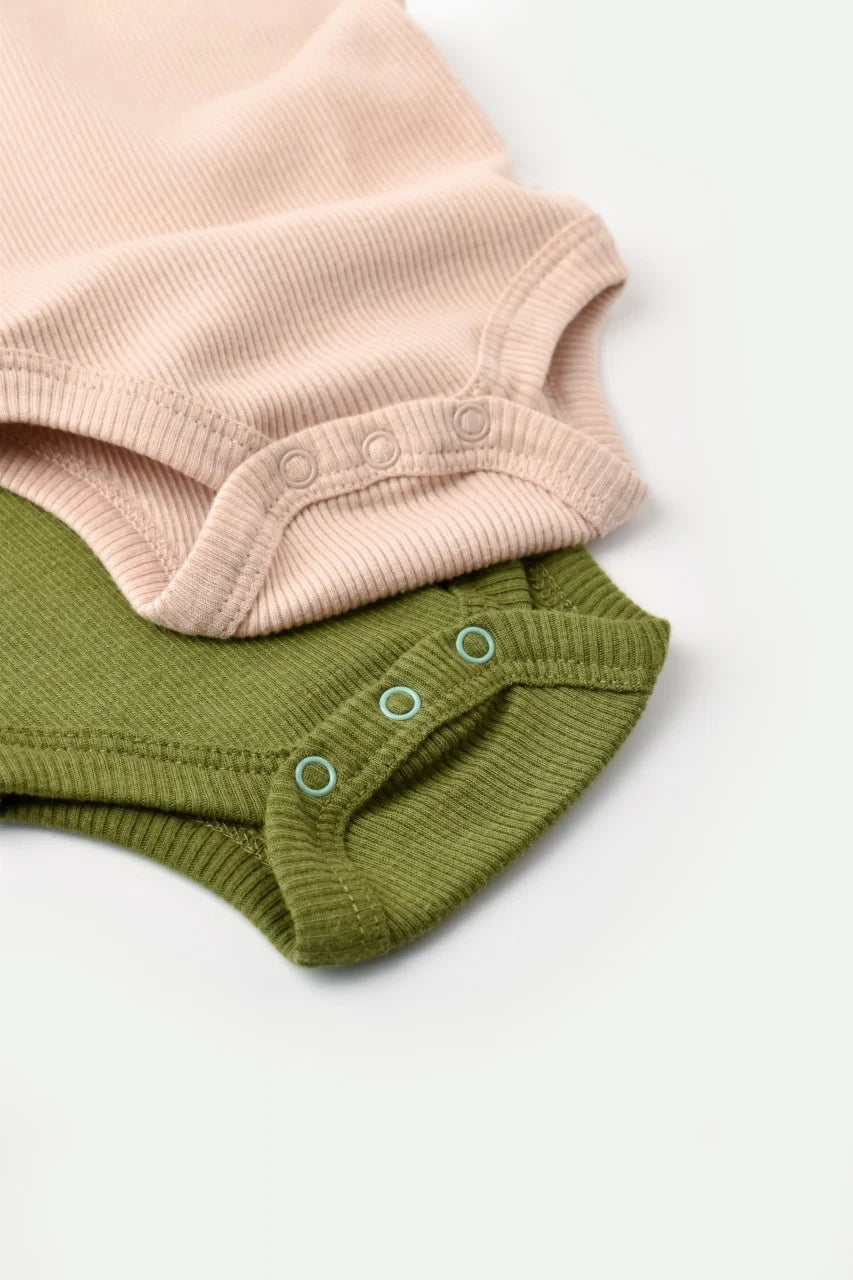 Set 2 body-uri fara maneci bebe unisex din bumbac organic si modal - Verde/Blush, BabyCosy