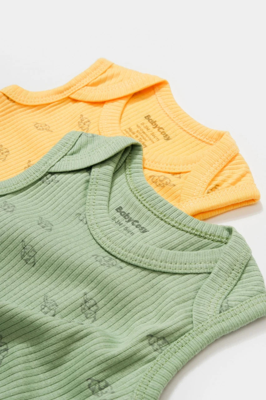 Set 2 body-uri fara maneci Printed, BabyCosy, 50% modal+50% bumbac, Lamaie/Verde