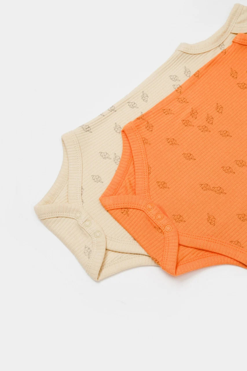 Set 2 body-uri fara maneci Printed, BabyCosy, 50% modal+50% bumbac, Stone/Apricot