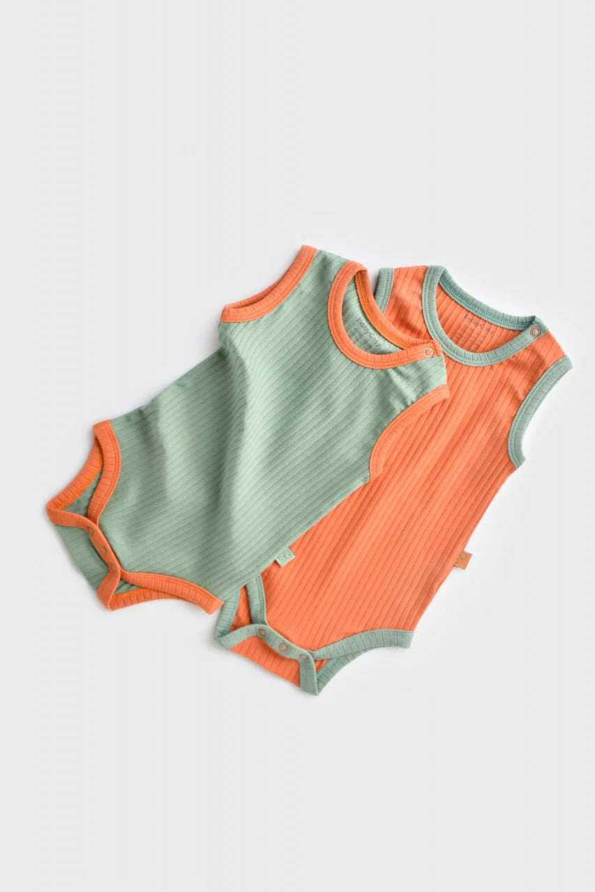 Set 2 body-uri fara maneci Ribana Bebe Unisex din bumbac organic si 5%elastan - Portocaliu/Verde BabyCosy