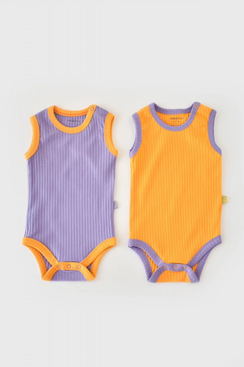 Set 2 body-uri fara maneci Ribana Bebe Unisex din bumbac organic si 5%elastan - Galben/Mov BabyCosy