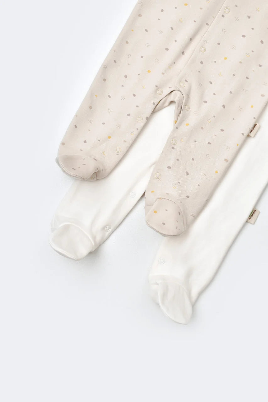 Set 2 salopetele cu maneca lunga si pantaloni lungi cu botosei - 100%bumbac organic - Crem cu buline, BabyCosy