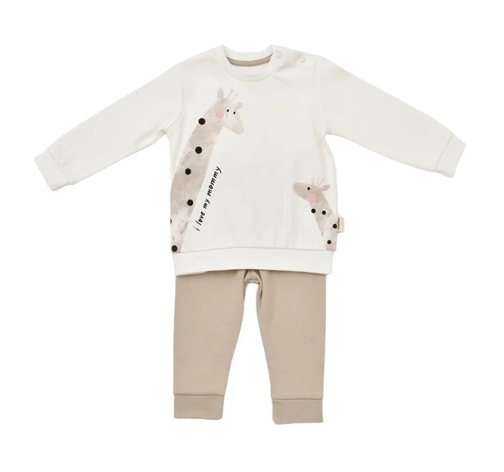 Set bluzita cu maneca lunga si pantaloni lungi Girafa, BabyCosy, 100% bumbac organic, Ecru