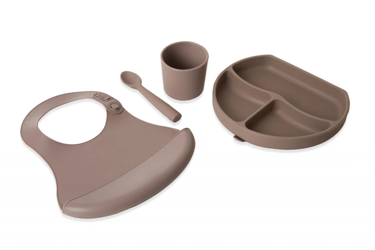 Set diversificare 4 piese din silicon BabyJem: bavetica, farfurie, lingurita si pahar