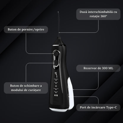 Irigator Bucal Portabil 5 Programe, 300 ml Rezervor, 4 Duze