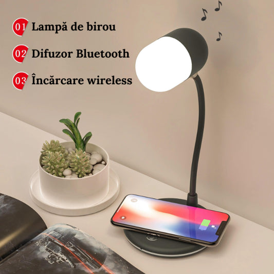 Lampă 3 în 1 pentru Birou Wireless, Difuzor & Flexibilitate 360°