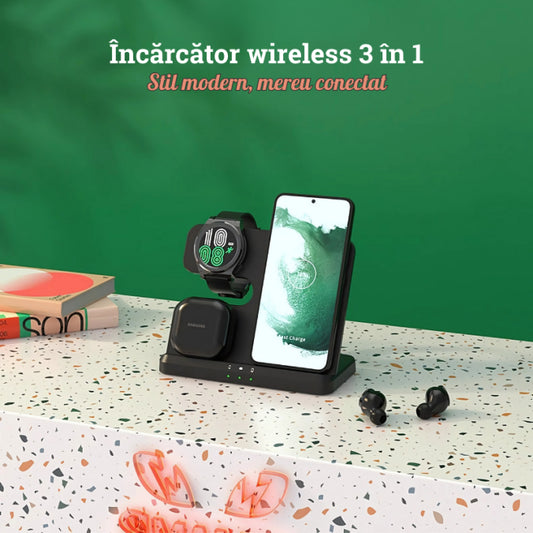 Încărcător 3-în-1 Telefon, Smart Watch & Căști