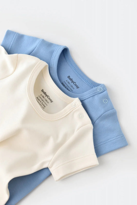 Set 2 body-uri bebe unisex -100% bumbac organic - Ecru/Bleu, BabyCosy