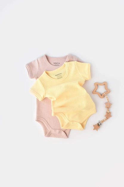 Set 2 body-uri bebe unisex -100% bumbac organic - Galben/Roz, BabyCosy