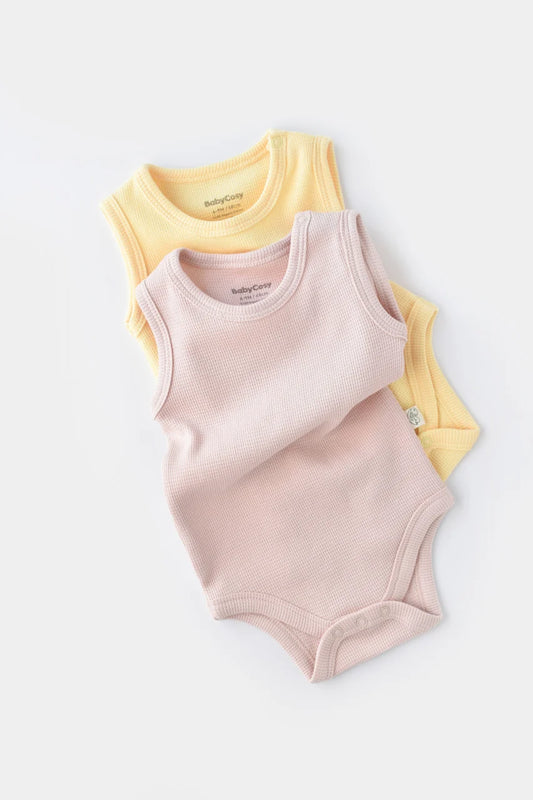 Set 2 body-uri fara maneci bebe unisex -100% bumbac organic - Galben/Roz, BabyCosy