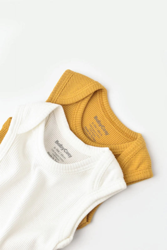 Set 2 body-uri fara maneci bebe unisex din bumbac organic si modal - Mustar/Ecru, BabyCosy