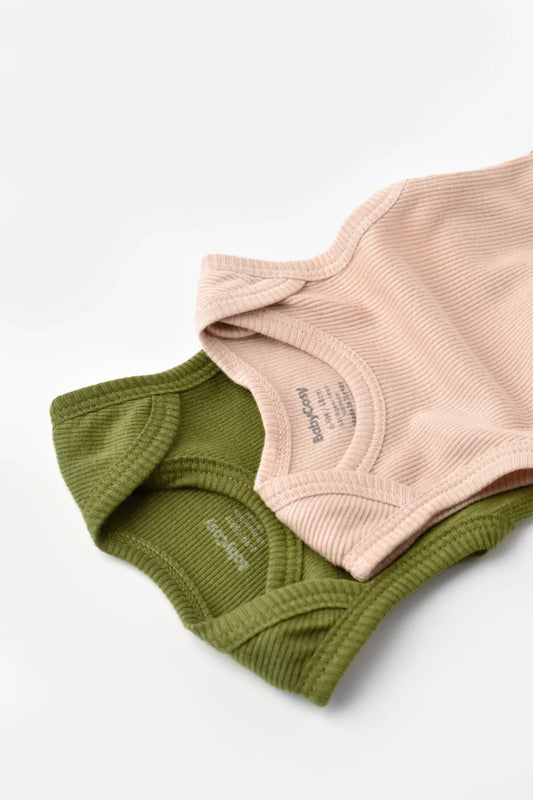 Set 2 body-uri fara maneci bebe unisex din bumbac organic si modal - Verde/Blush, BabyCosy