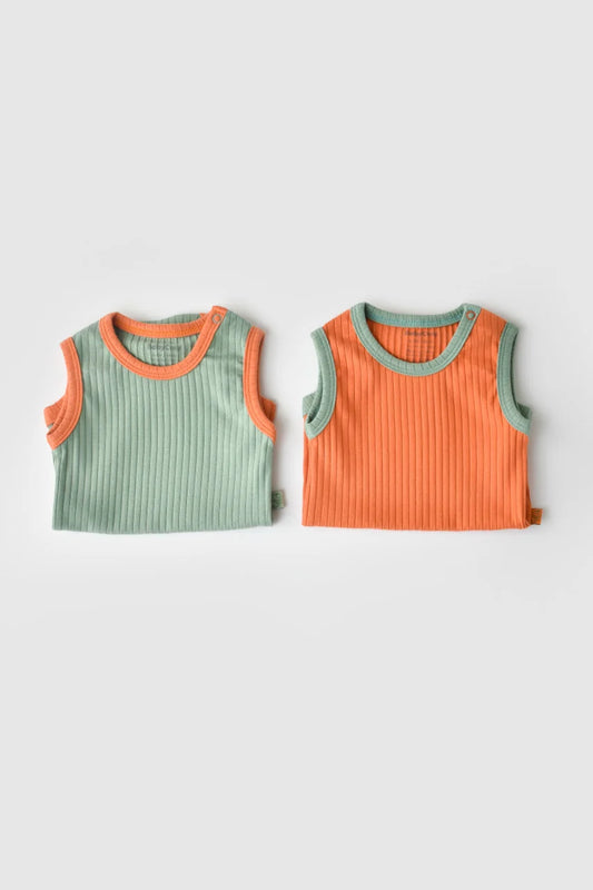 Set 2 body-uri fara maneci Ribana Bebe Unisex din bumbac organic si 5%elastan - Portocaliu/Verde BabyCosy
