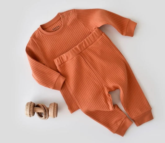 Set bluzita cu maneca lunga si pantaloni lungi din bumbac organic si 5% elastan - Portocaliu BabyCosy