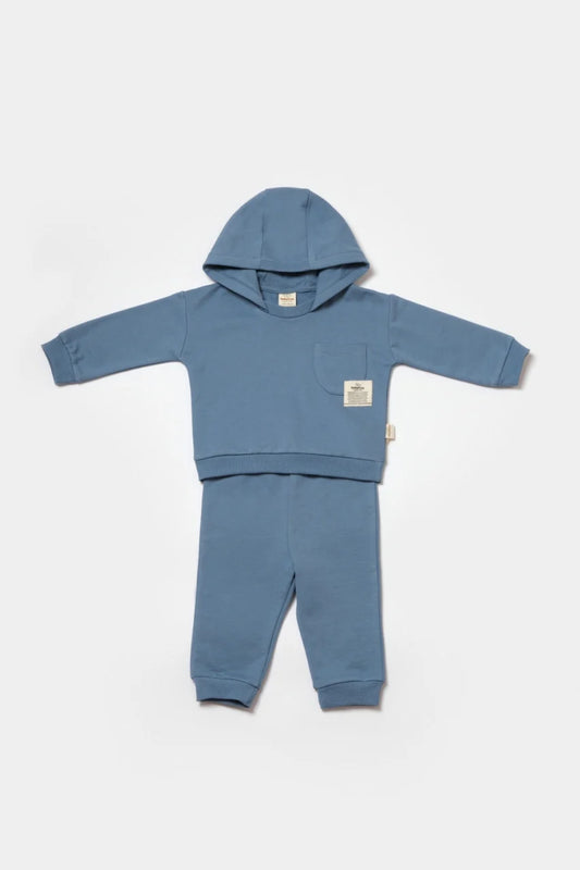 Set hanorac cu gluga si pantaloni, Two thread, 100%bumbac organic - Indigo, BabyCosy