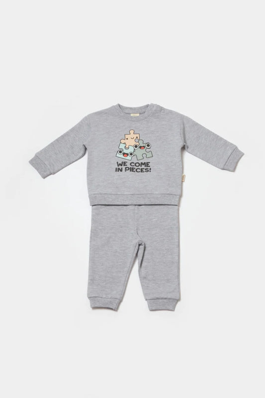 Set hanorac si pantaloni, Two thread, 100%bumbac organic - Gri, BabyCosy
