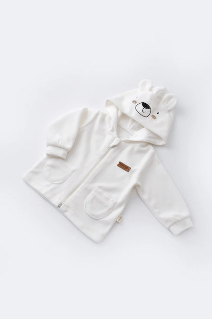 Set Ursulet cu bluzita cu fermoar si gluga si pantaloni lungi din 80%bumbac organic si 20% poliester - Ecru, BabyCosy