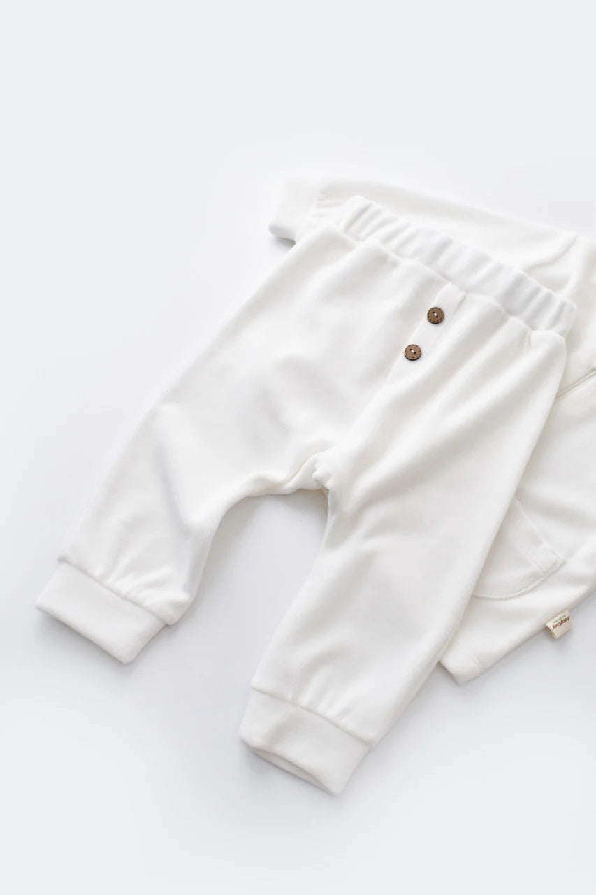 Set Ursulet cu bluzita cu fermoar si gluga si pantaloni lungi din 80%bumbac organic si 20% poliester - Ecru, BabyCosy